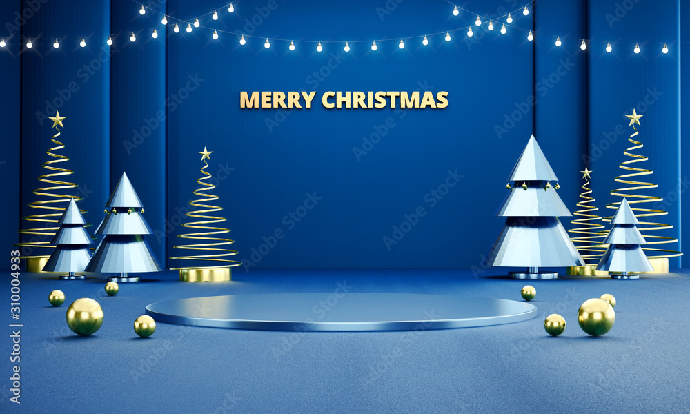 抽象奢华蓝色圣诞快乐舞台模型，带装饰，广告产品模板