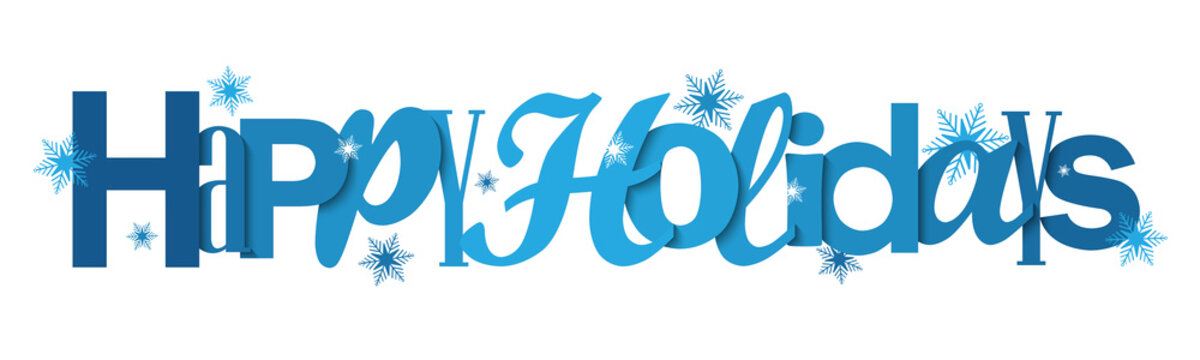 HAPPY HOLIDAYS blue vector typography banner with snowflakes
