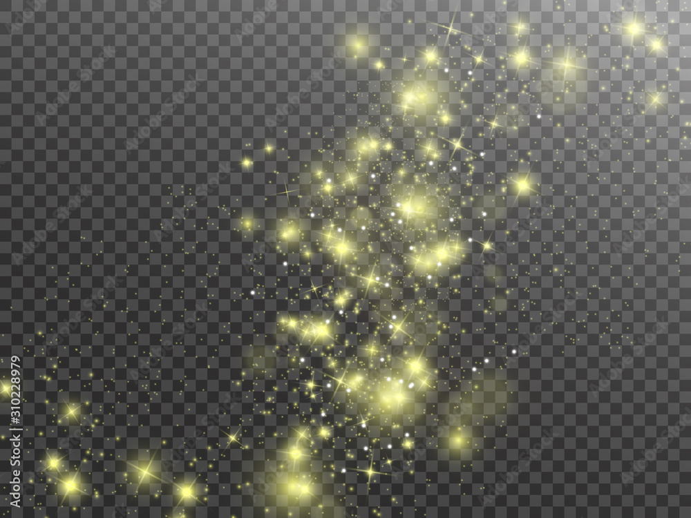 金色火花闪耀特殊灯光效果。矢量在透明背景上闪闪发光。圣诞抽象