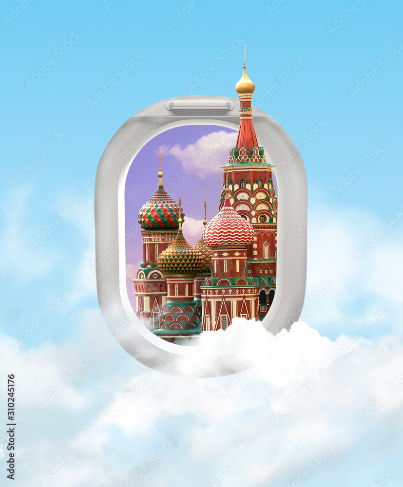 莫斯科圣巴西尔大教堂的旅行理念。飞机窗户上的云朵。混合媒体。