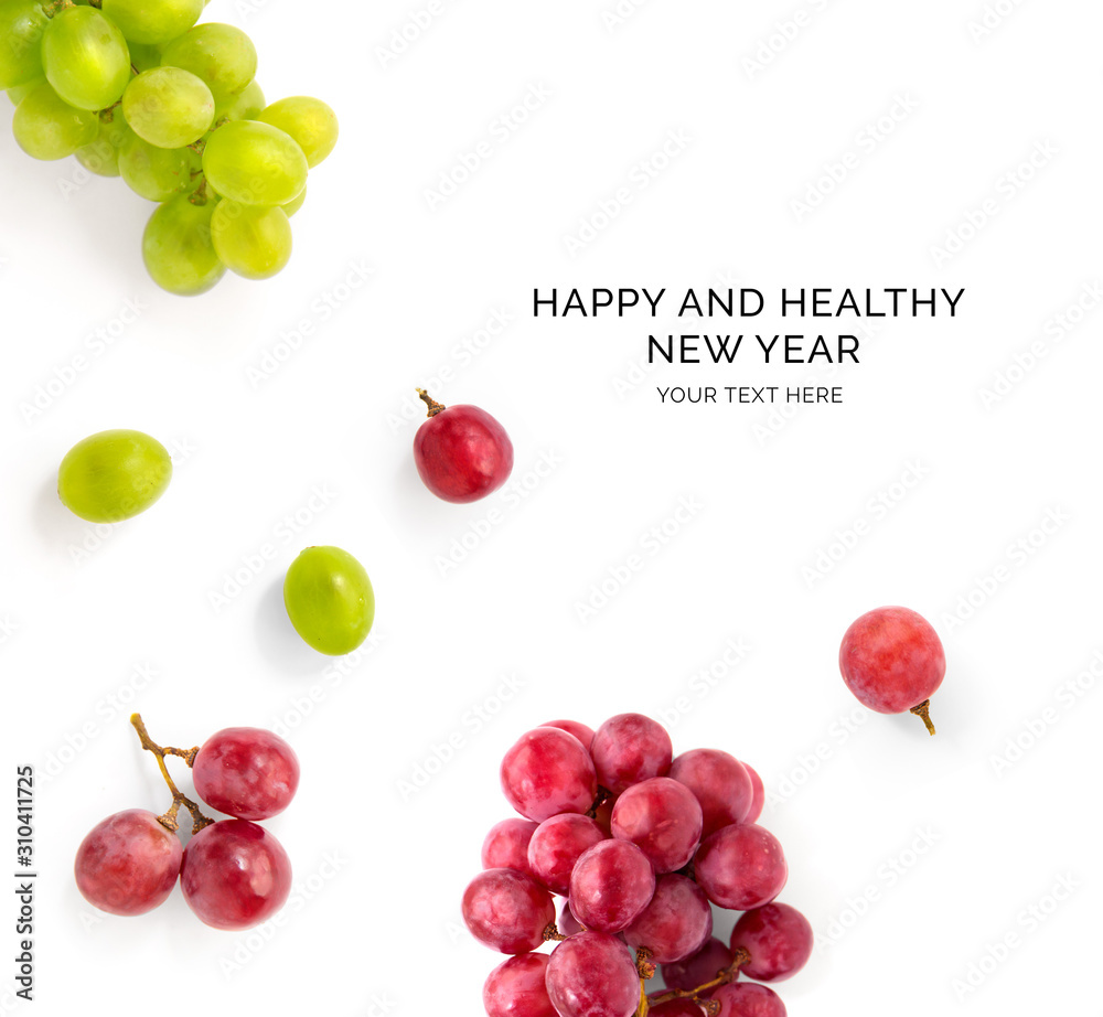 用白底葡萄制作的创意快乐健康新年贺卡。葡萄快乐新y