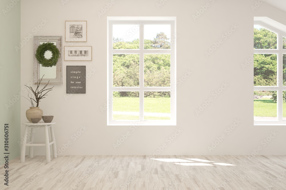 时尚的白色空房间，窗户里有夏季景观。斯堪的纳维亚室内设计。3D
