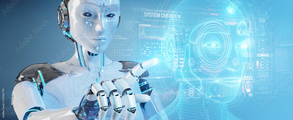 白色机器人使用数字人工智能头部接口3D渲染