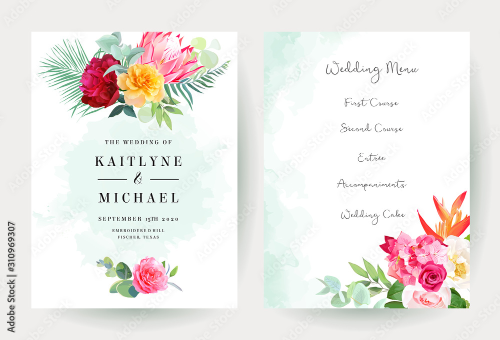 热带明亮的婚礼水彩和花卉矢量设计卡