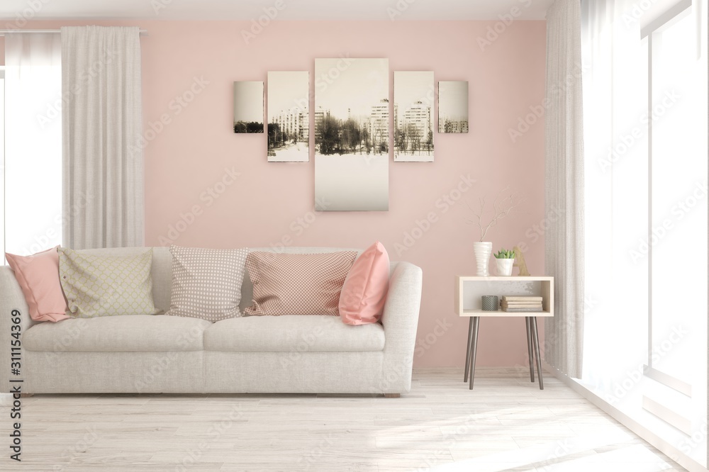 时尚的粉红色房间，带沙发。斯堪的纳维亚室内设计。3D插图
