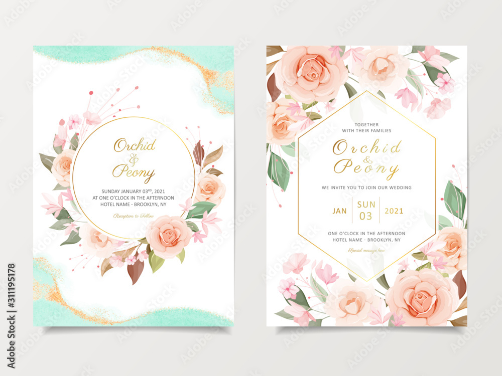 婚礼邀请卡模板，上面有桃红色和粉色的玫瑰花。带有各种花卉图案的卡片
