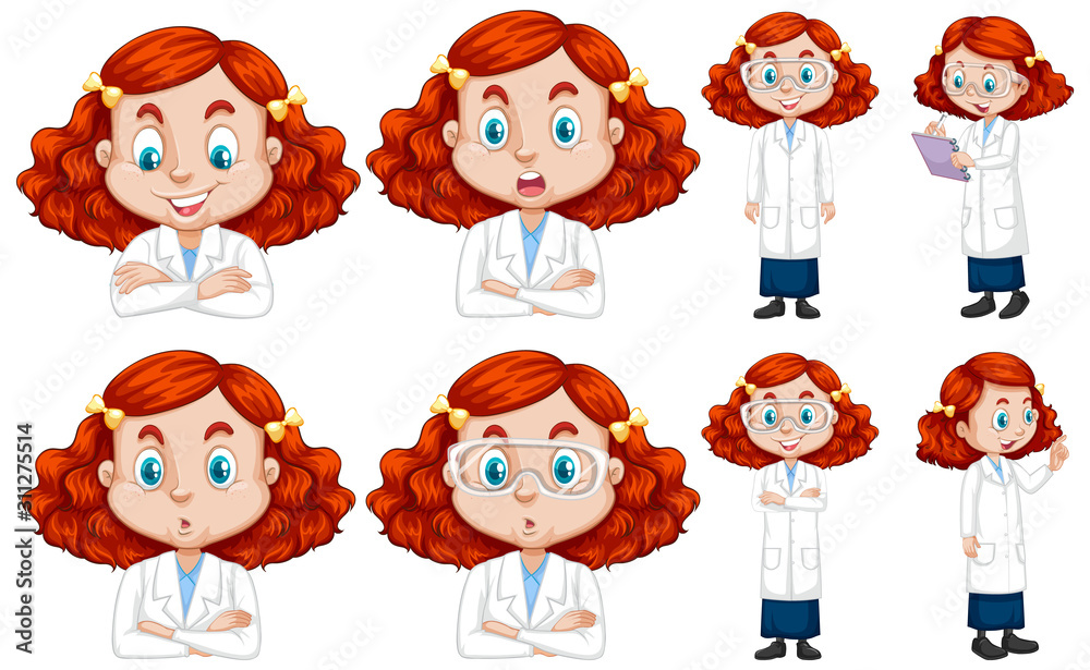 一组穿着实验服的红发女孩摆出不同的姿势