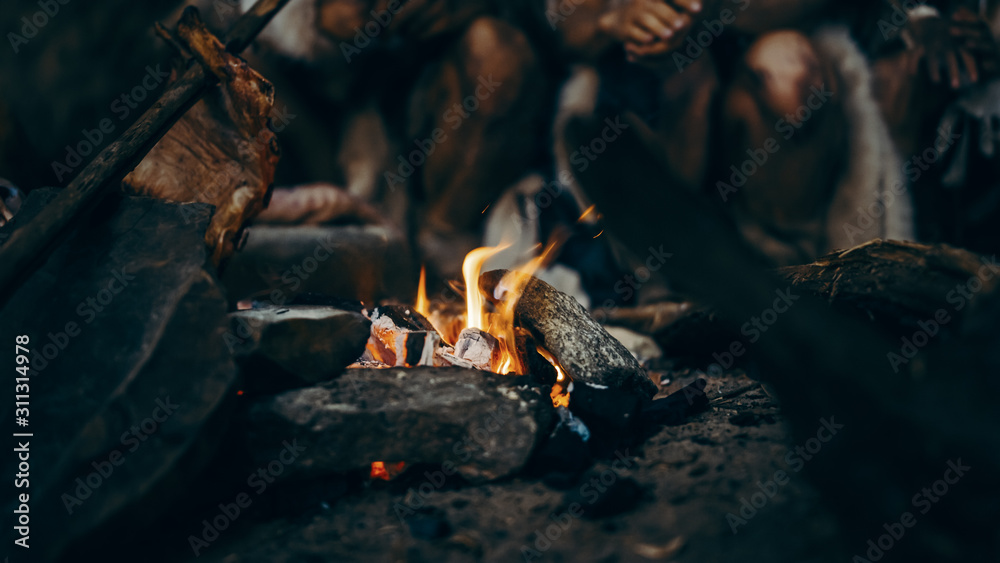部落史前猎人聚集者试图在篝火旁取暖，手牵手的特写