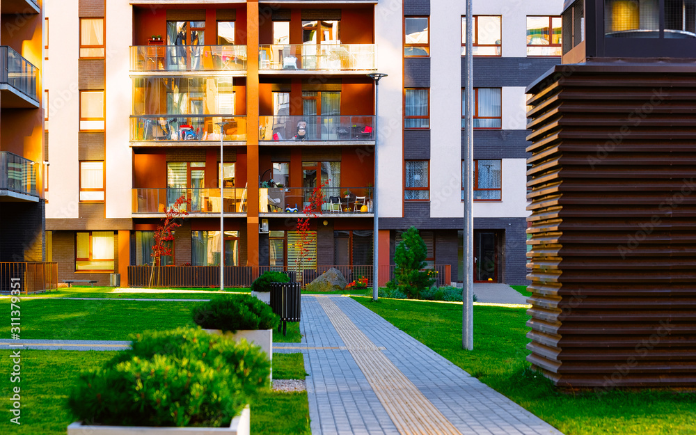 Apartment residential homes facade architecture with outdoor facilities reflex