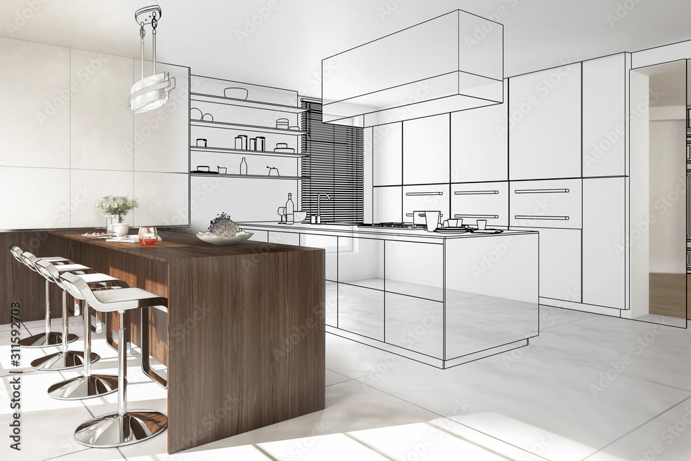 现代厨房内部-3D插图