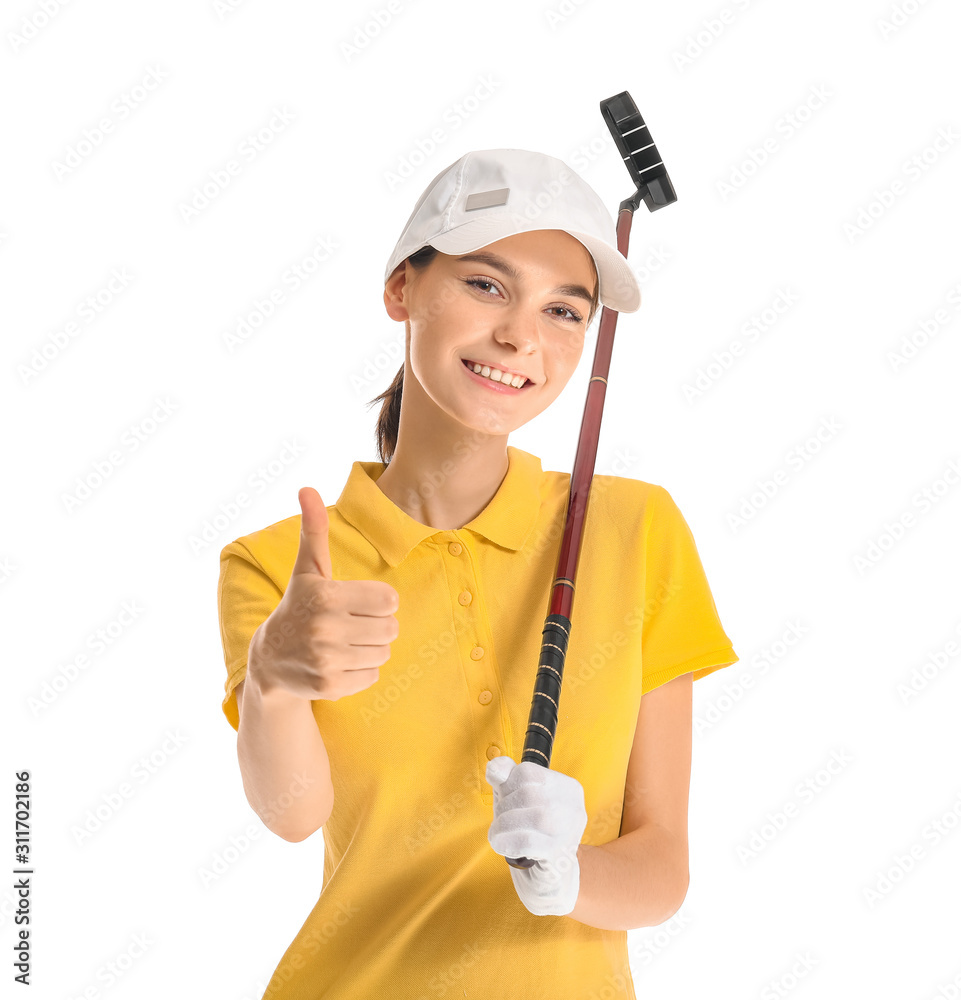 漂亮的女高尔夫球手在白色背景上竖起大拇指