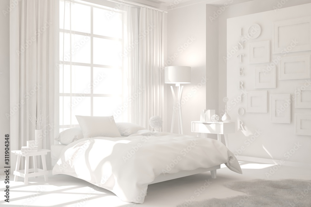 白色现代卧室。斯堪的纳维亚室内设计。3D插图