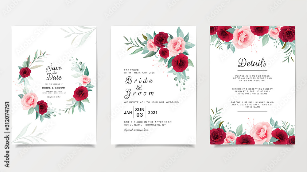 婚礼邀请卡模板套装，花卉装饰。勃艮第和桃红色玫瑰植物插图
