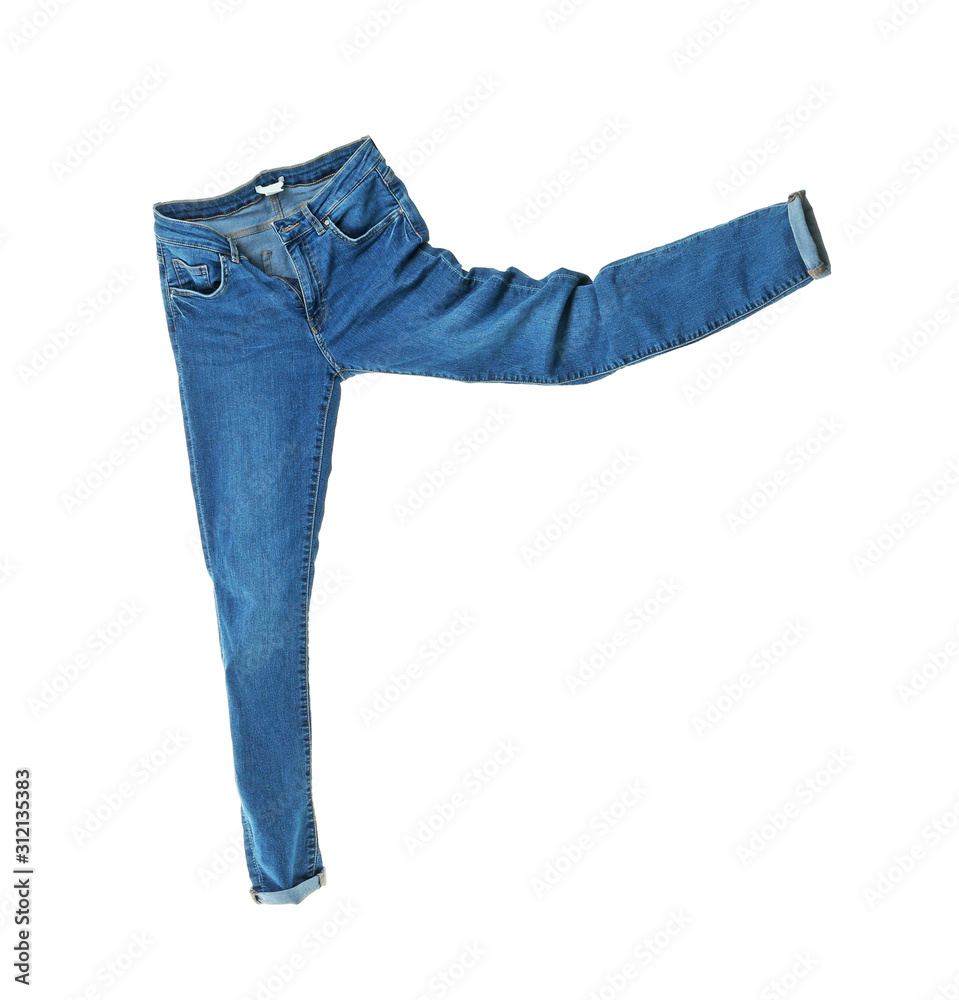Flying jeans pants on white background