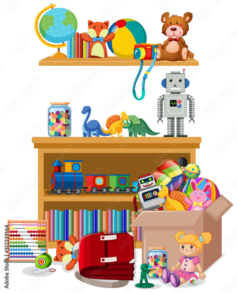 白色背景下装满玩具的架子和盒子