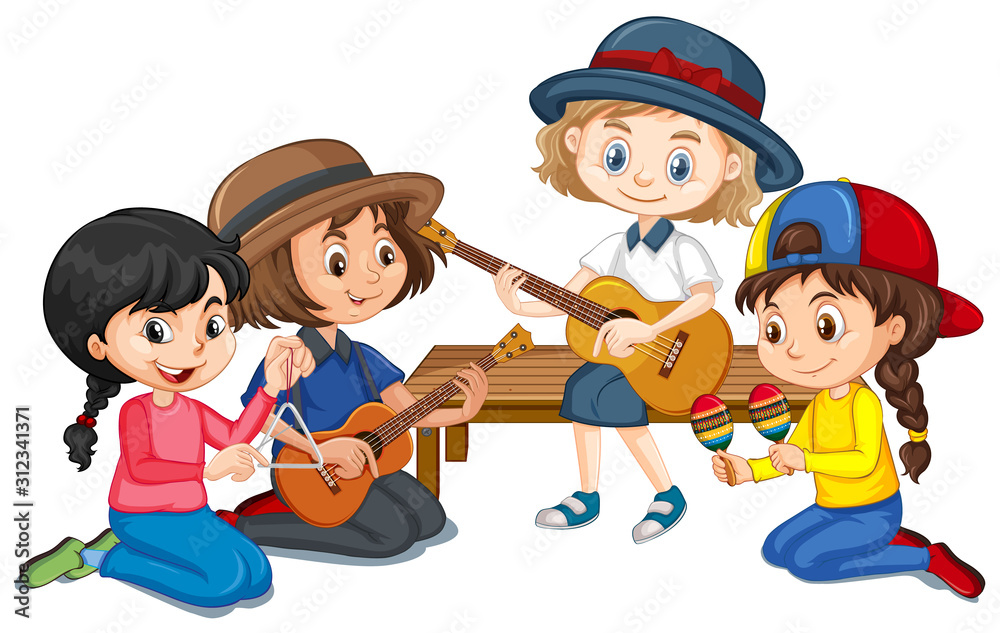 一群女孩在白色背景下演奏不同的乐器