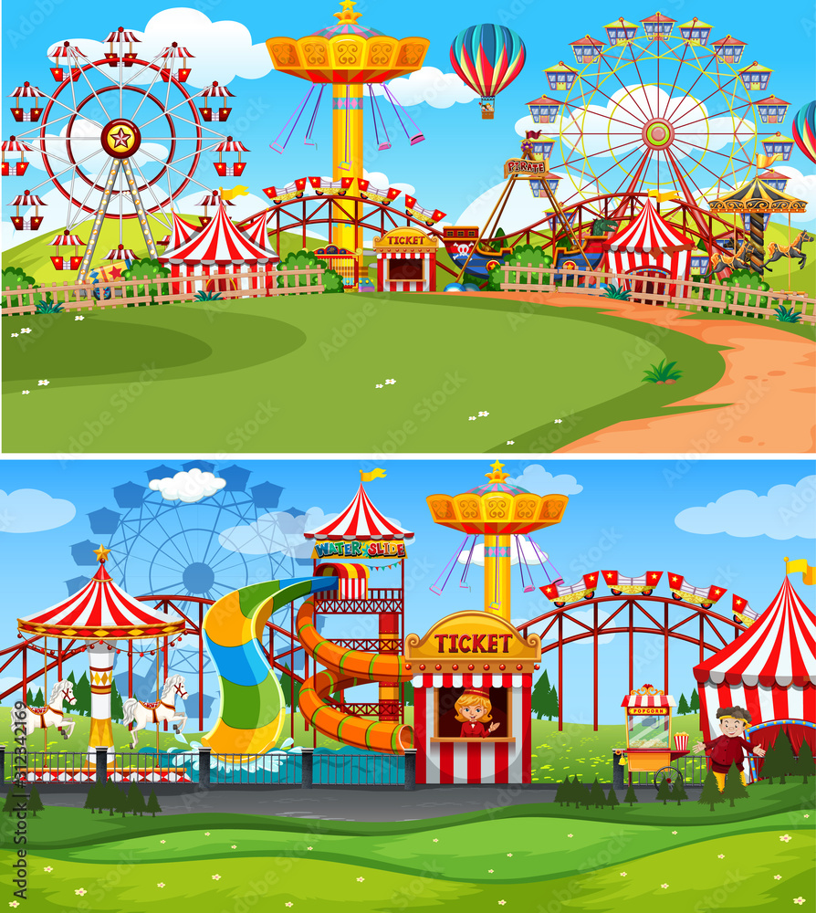 马戏团的两个场景，有很多游乐设施