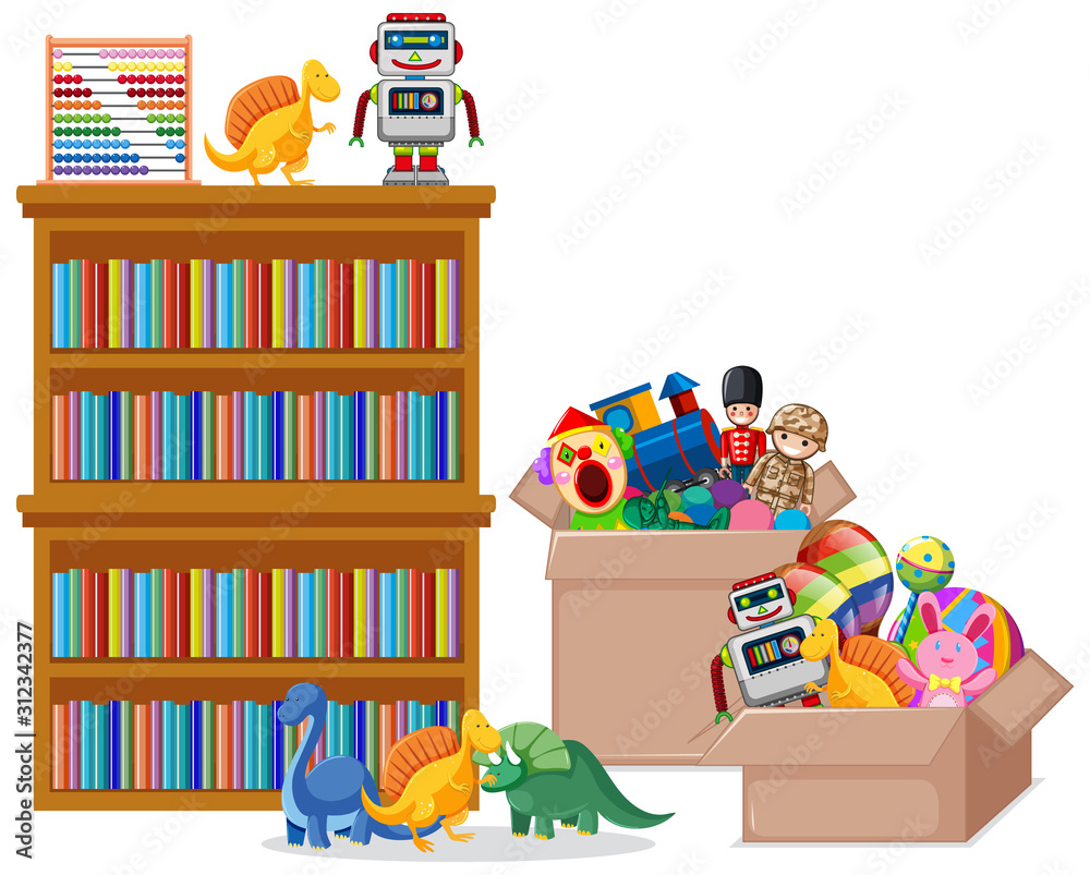 白色背景的书架上摆满了书籍和玩具
