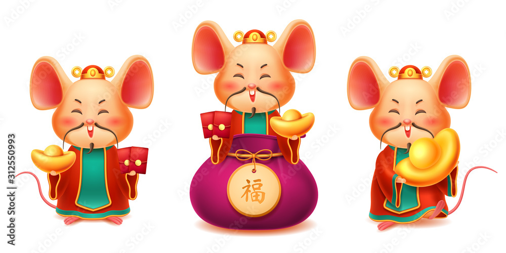 Mice with eastern moustaches or rats with asian beards. Mouses with golden ingot and red envelope, s