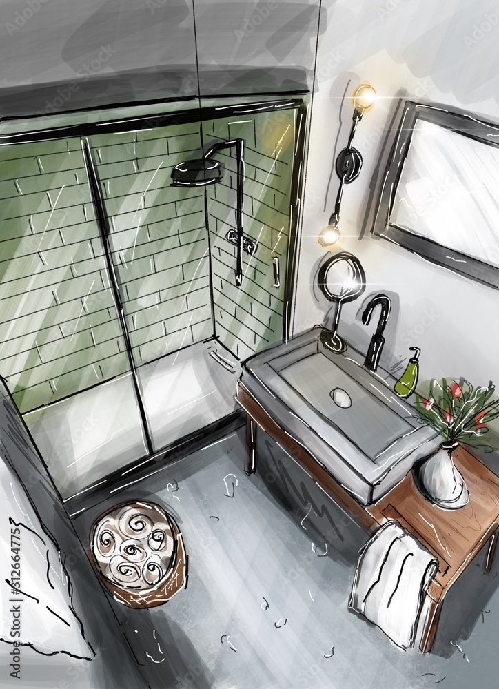 带淋浴和洗脸盆的舒适小浴室的手绘草图，俯视图
