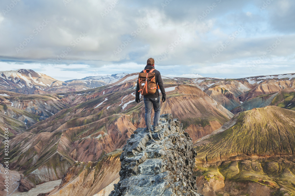 冒险旅行，背着背包在冰岛徒步旅行，游客欣赏兰德曼的多彩景观