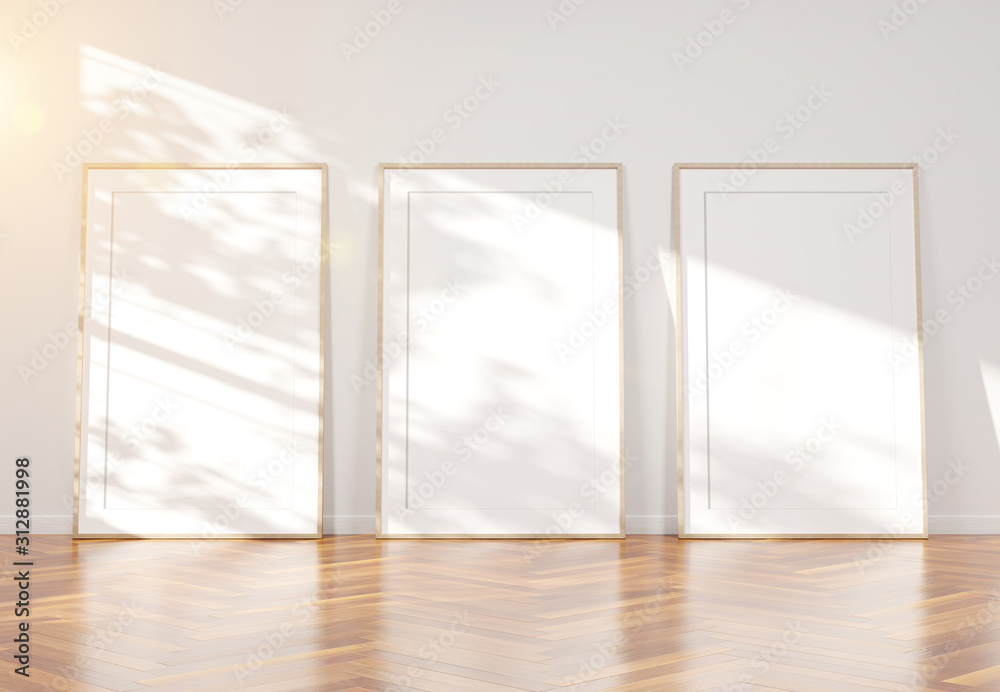 Three wooden frame leaning in wooden interior mockup 3D rendering