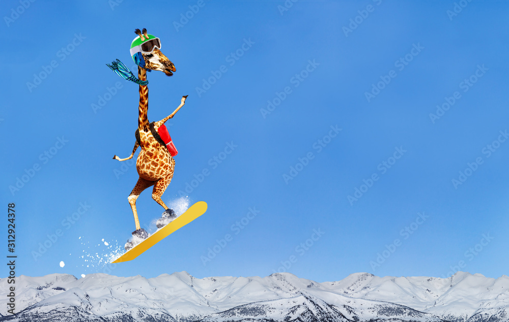 快乐的长颈鹿滑雪板运动员高山跳跃