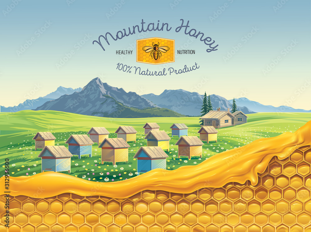 山上的养蜂场，前景是蜂窝，象征性的简化ima