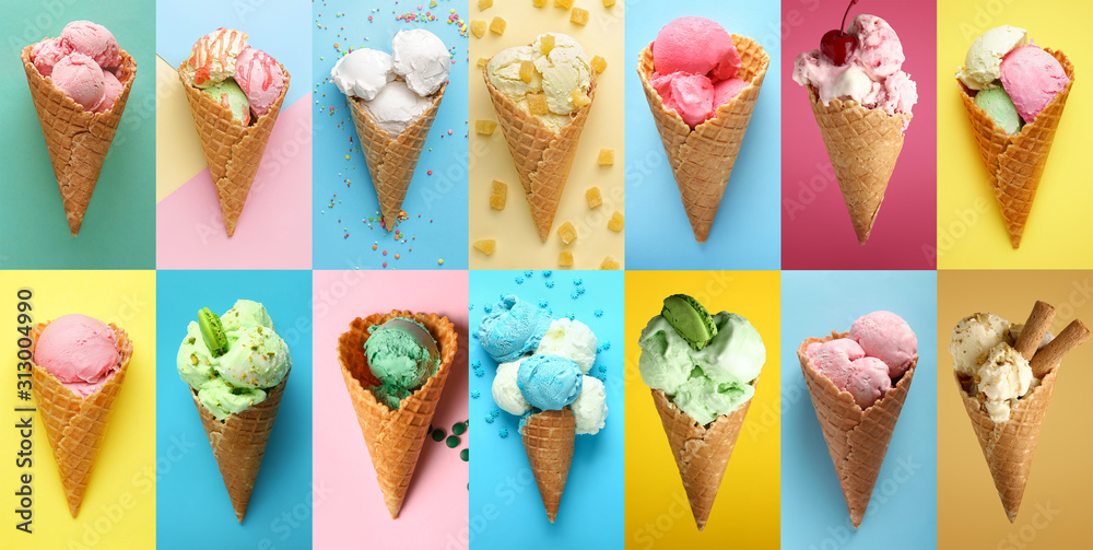 在彩色背景上拼贴美味冰淇淋