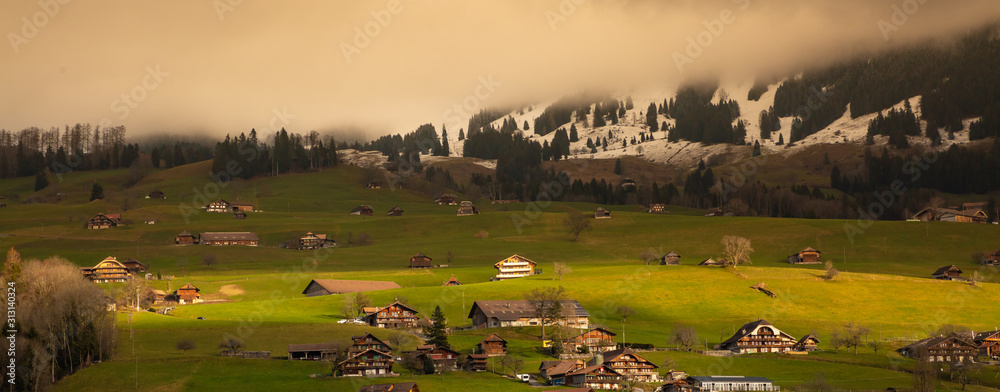 Natural scenery, trees, mountains, sky and clouds, green grass, a small wooden house on the hill Bea