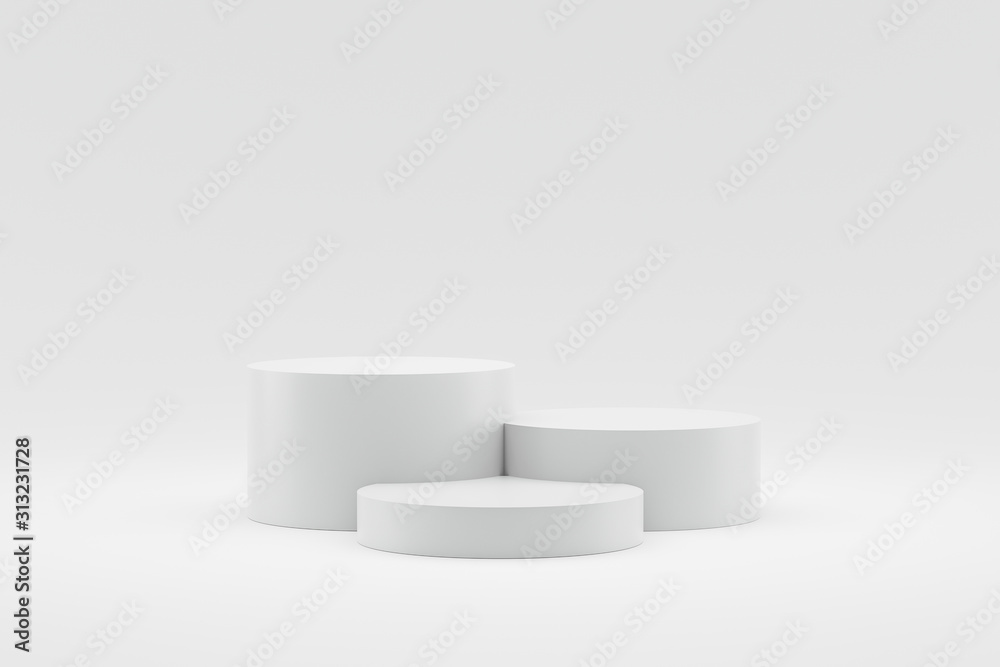 白色背景上的空讲台或底座展示，带有圆柱架概念。空白产品货架