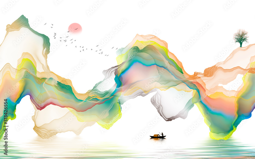 水墨山水装饰插图抽象线条海报背景