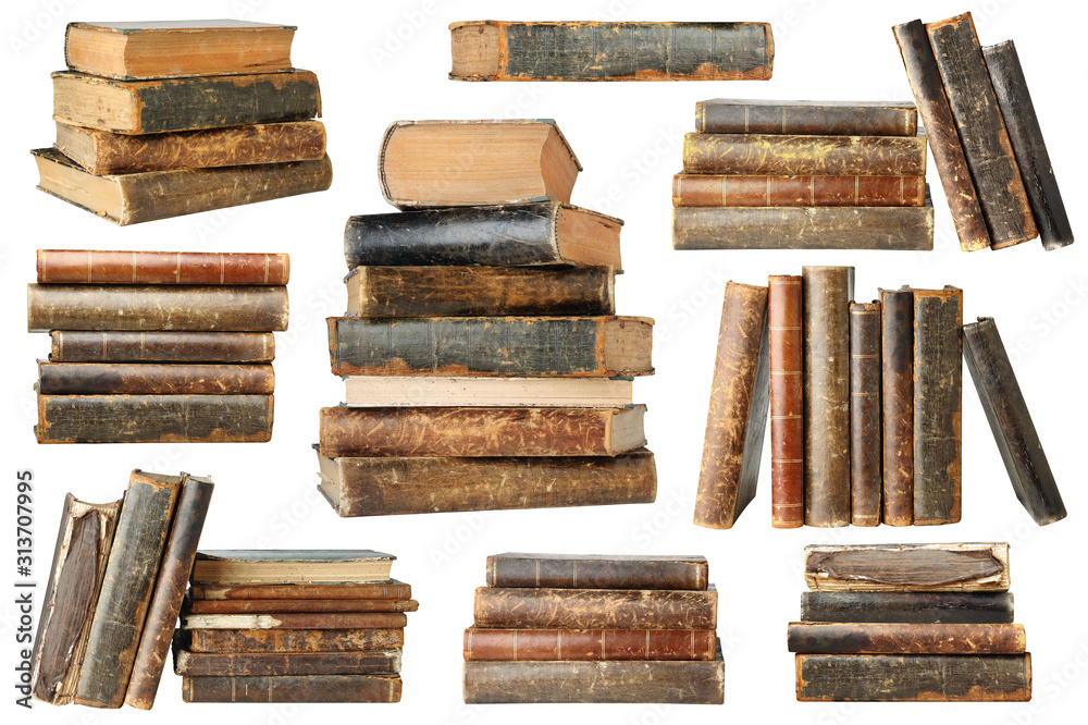 Isolated old books. Collection of old books in piles and stacks isolated on white background with cl