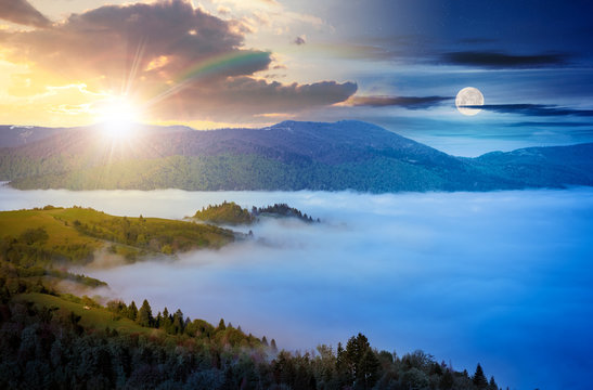 太阳和月亮在山区乡村上空的时间变化概念。山谷里充满了升起的雾。格力