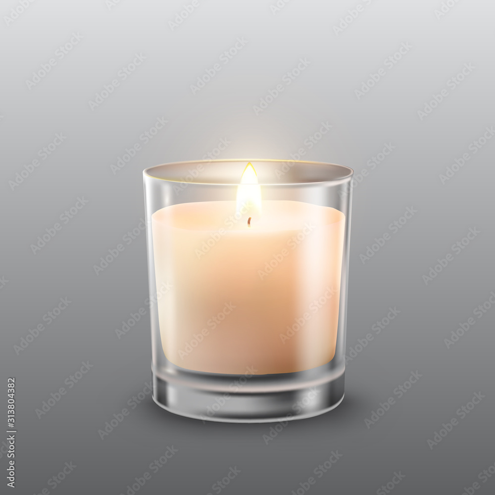 玻璃罐中的蜡烛，灰色背景上隔离着燃烧的火焰。矢量3D逼真蜡卡