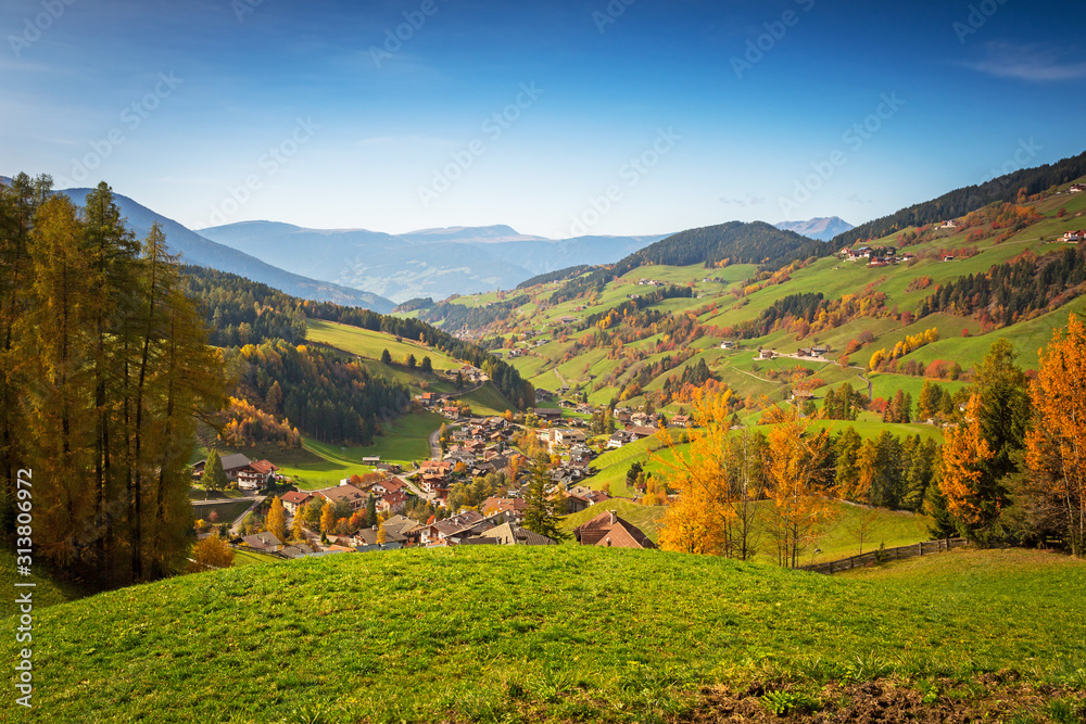 Idyllic scenery of the Santa Maddalena village in South Tyrol at autumn. Italy