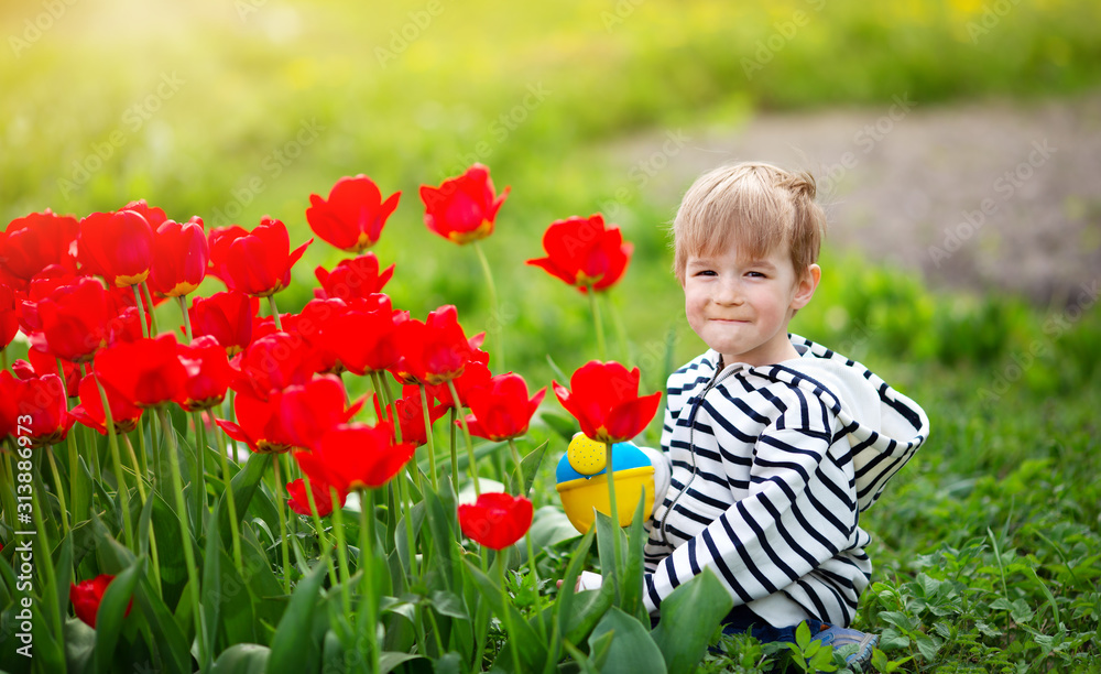 美丽的春日里，孩子们在花坛上的郁金香旁散步