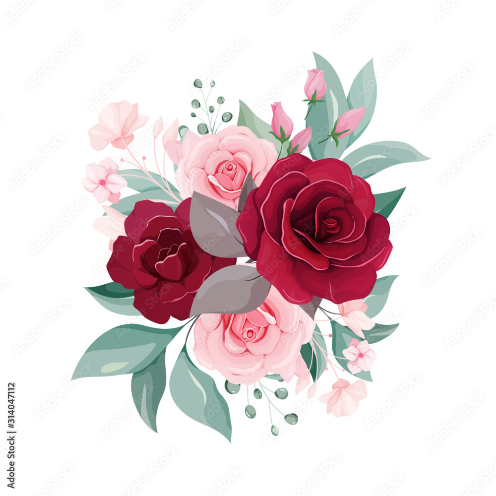 花矢量。红色和桃红色玫瑰花、叶子、树枝的花卉装饰插图。罗马