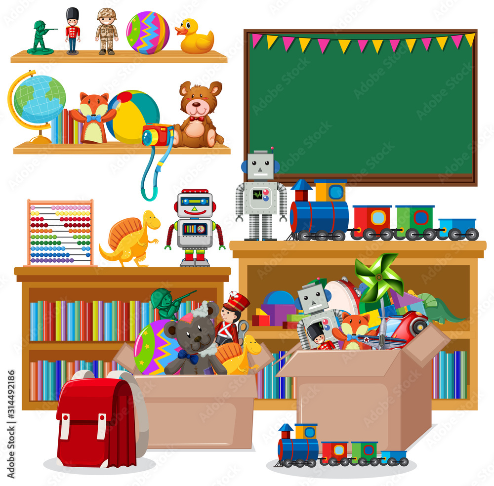 白色背景的书架上摆满了书和玩具