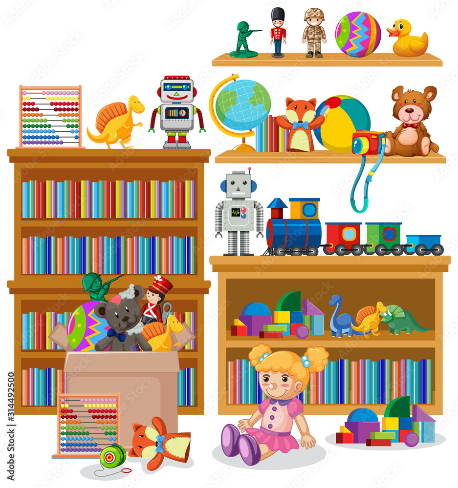白色背景下装满书籍和玩具的书架