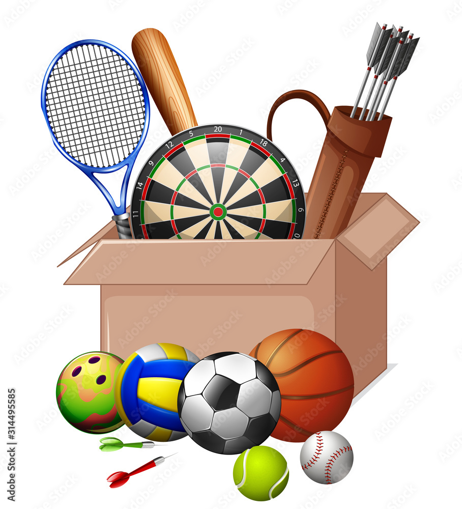 Cardboard box full of sport equipments on white background