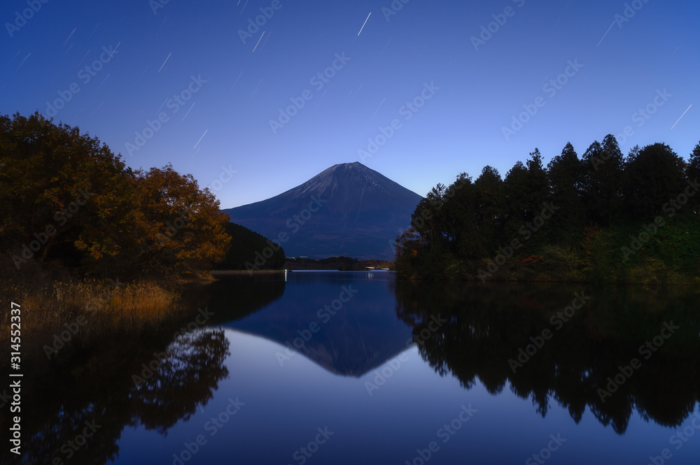 Beautiful landscape view of Mt. Fuji with reflection at Tanuki lake in Fujinomiya, Shizuoka, Japan