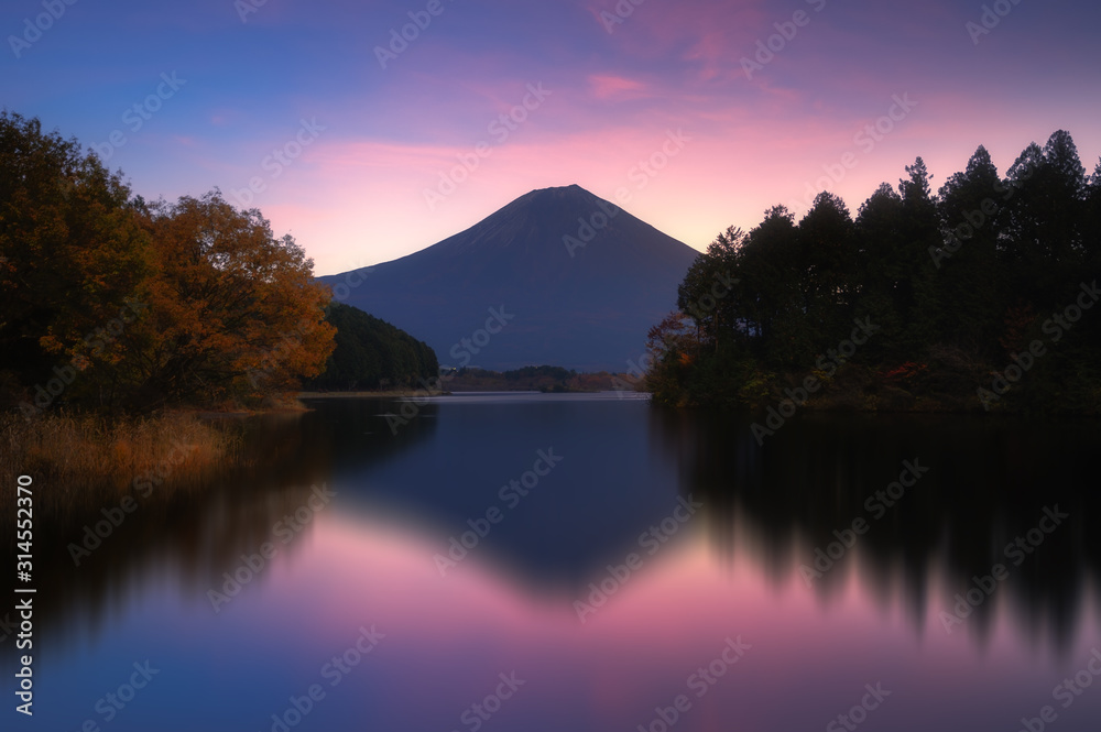 Beautiful landscape view of Mt. Fuji with reflection at Tanuki lake in Fujinomiya, Shizuoka, Japan