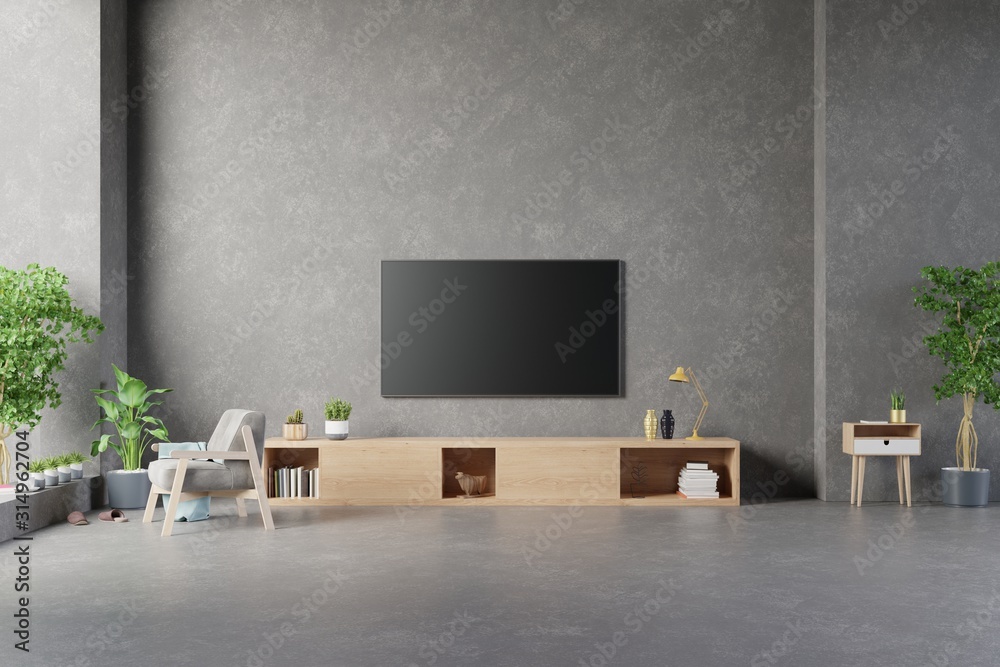 TV on cement stan in modern living room with lamp,table,flower and plant on cement wall background.