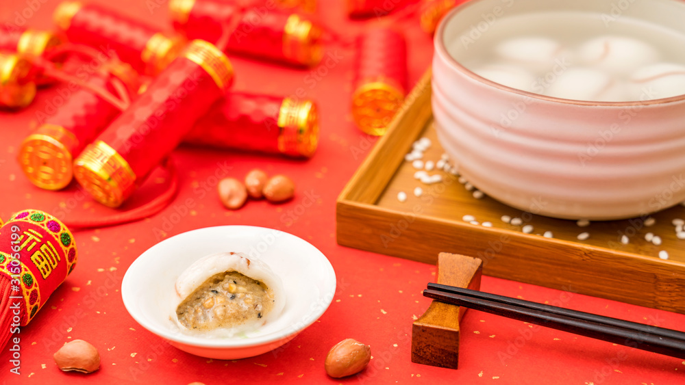 Chinese Lantern Festival traditional cuisine peanut dumplings on red background