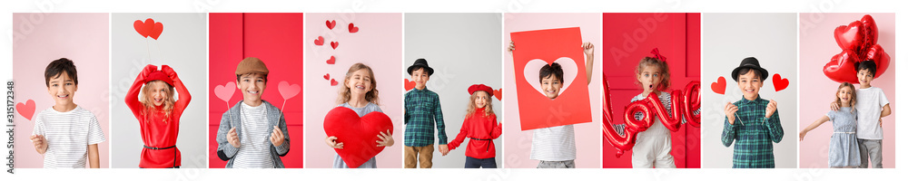与可爱的孩子们的照片拼贴。情人节庆祝活动