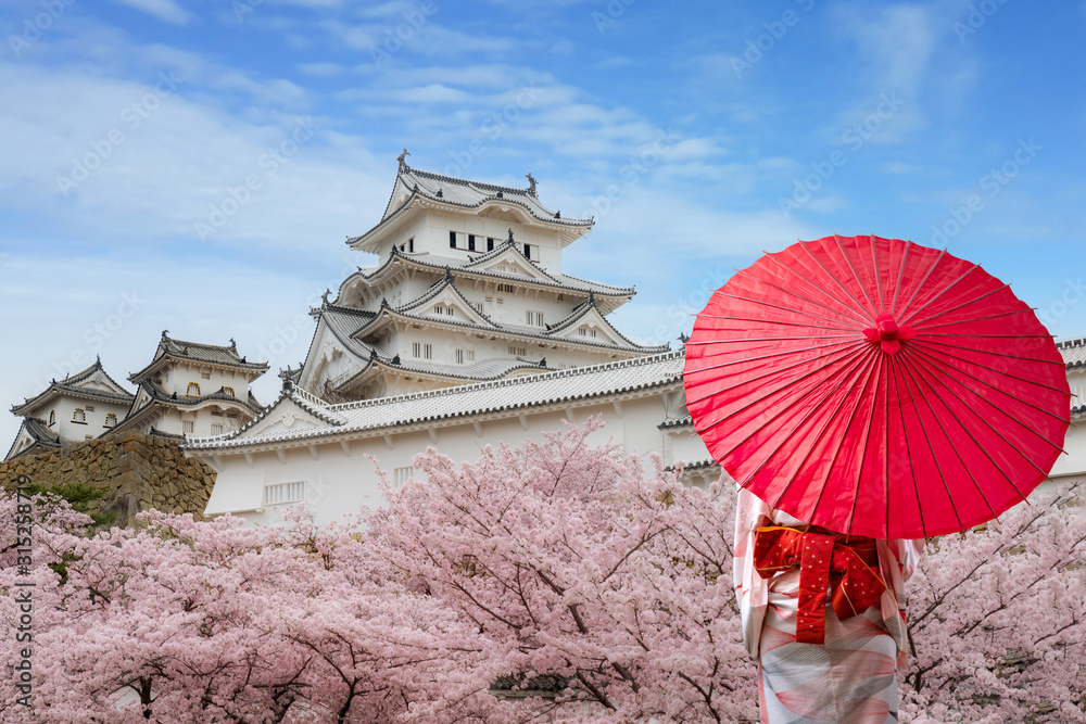 穿着日本传统和服、打着红伞的亚洲年轻女性旅行者在fam观光