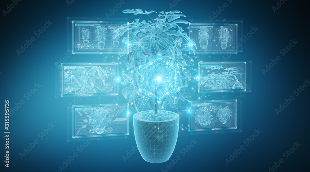 在蓝色背景下进行数字分析的植物全息投影3D渲染