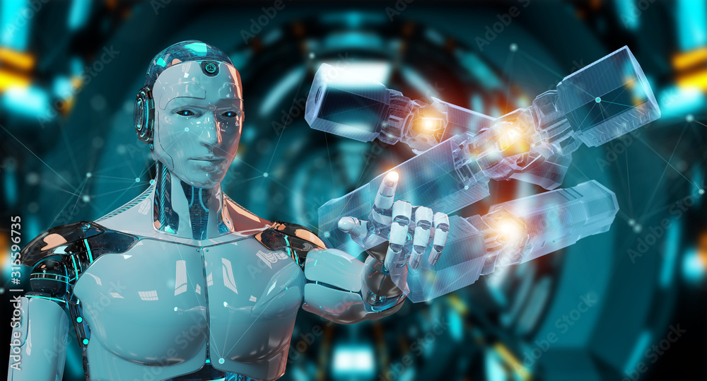 机器人手持触摸绿色可再生能源电池3D渲染