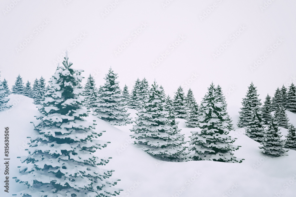白色背景下被雪覆盖的冬季景观树木和山丘